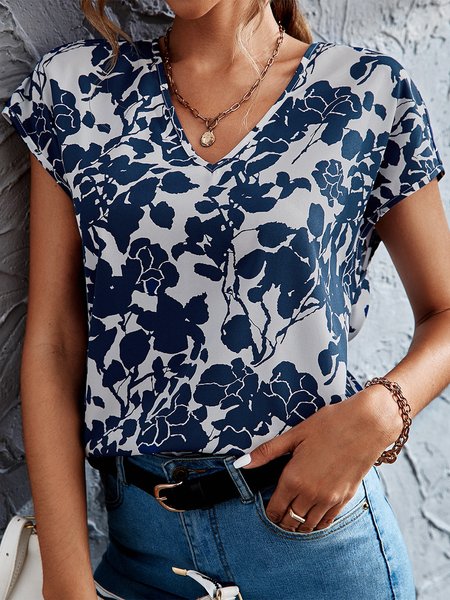 

Loose V Neck Floral Elegant Shirt, Blue, Shirts & Blouses
