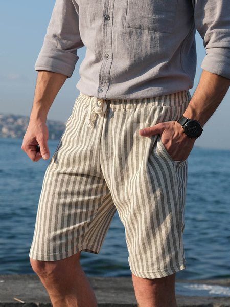 

Striped Drawstring Bermuda Short, Beige, Men's shorts