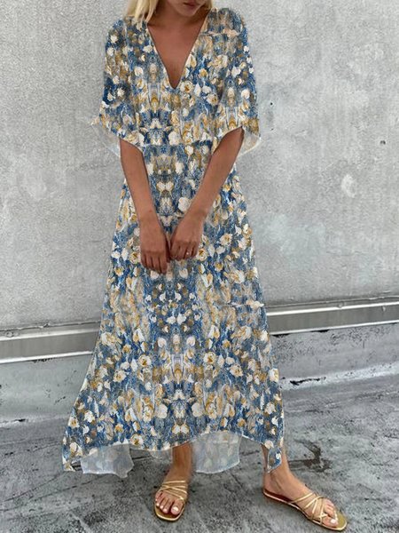 

Loose Floral V Neck Casual Dress, Blue, Dresses