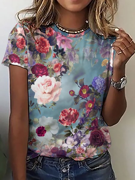 

Women's Flower Print Casual T-Shirt, As picture, T-shirts