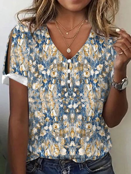 

Floral Loose V Neck Casual T-Shirt, Blue, T-Shirts