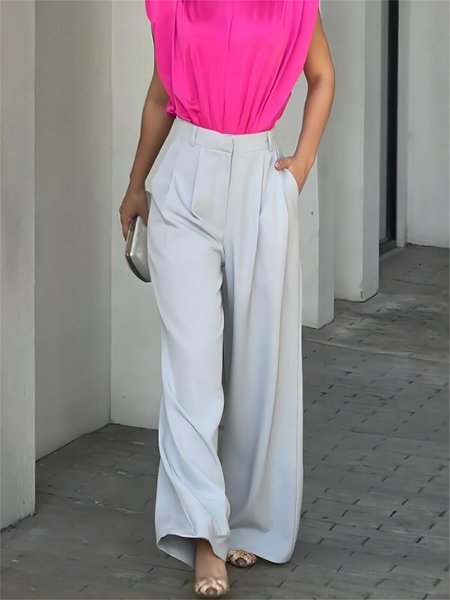 

Plain Elegant Fashion No Elasticity Pants, White, Pants