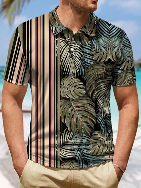 

Men’s Outdoor Vacation Leaves Pattern Casual Regular Fit Polo Collar Text Letters Polo Shirt, As picture, T-shirts
