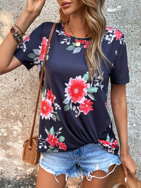 

Crew Neck Floral Casual Loose T-Shirt, Black, T-Shirts