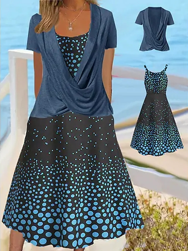 

Polka Dots Loose Vacation Two-Piece Set, Blue, Dresses