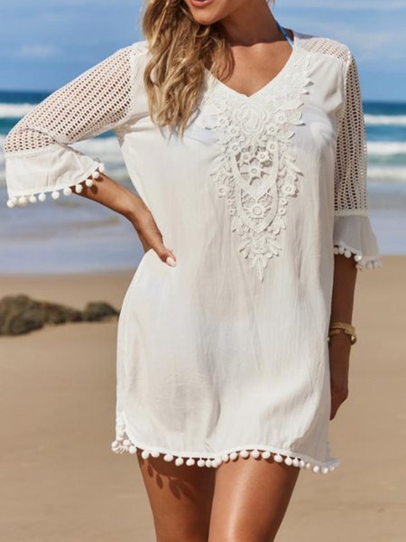 

Plain V Neck Casual Coverup, White, swimwear>>Cover Ups
