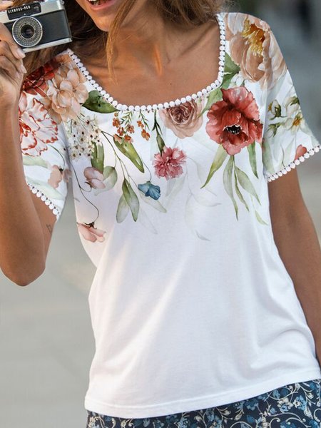 

Square Neck Floral Casual Shirt, White, T-Shirts