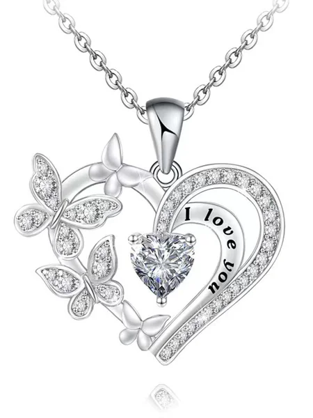 

I Love You Silver Butterfly Heart Pendant Necklace Valentine's Day Mother's Day Thanksgiving Gift Jewelry, White, Necklaces