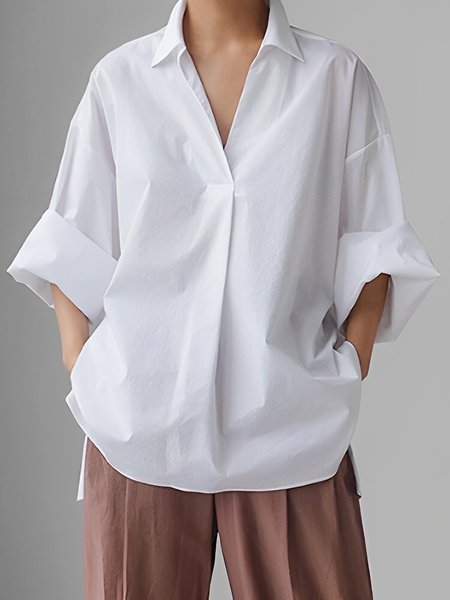 

Urban Shirt Collar Loose Plain Blouse, White, Blouses and Shirts