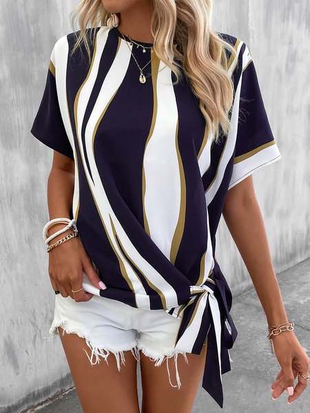 

Casual Loose Knot Front Crew Neck Shirt, Blue, Shirts & Blouses