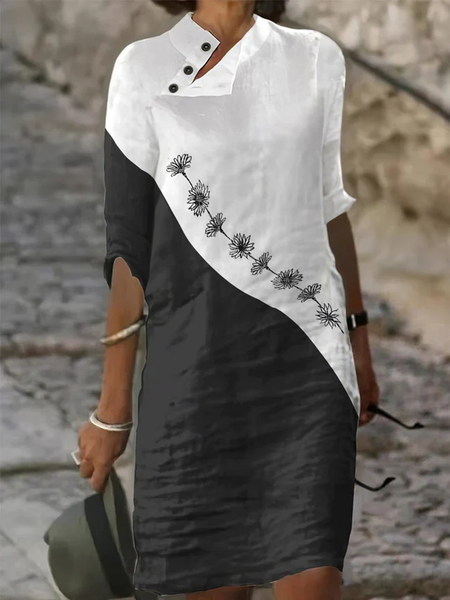 

Black and White Colorblock Artistic Flower Half Open Collar Button Half Sleeve Dress, Black-white, Mini Dresses