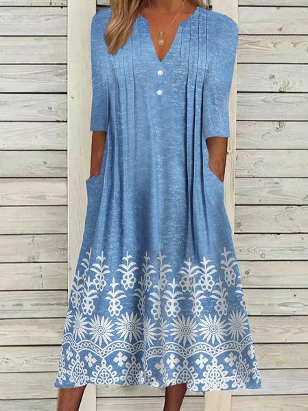 

Geometric V Neck Ethnic Regular Fit Dress, Blue, Dresses