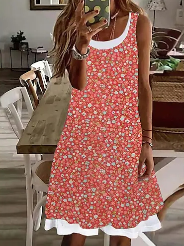 

Vacation Loose Crew Neck Floral Dress, Red, Dresses