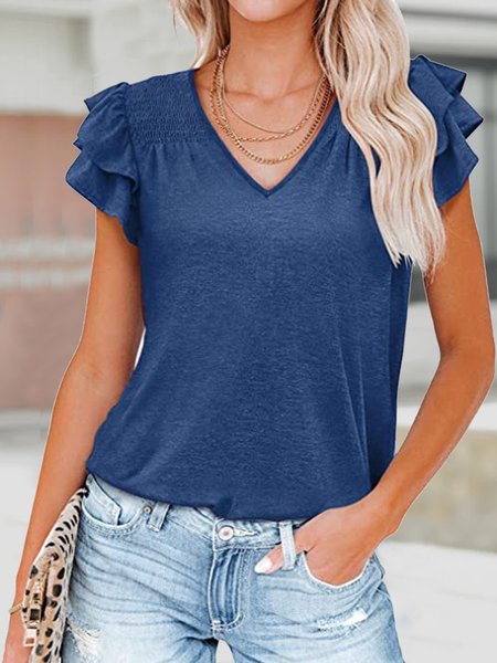 

Ruffled Sleeves Flouncing Casual Plain Regular Fit Shirt, Dark blue, T-Shirts