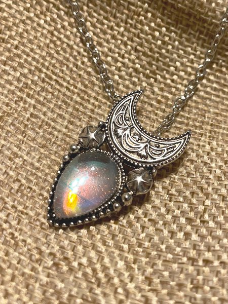 

Vintage Opal Moon Pattern Pendant Necklace Ethnic Dress Jewelry, Silver, Necklaces