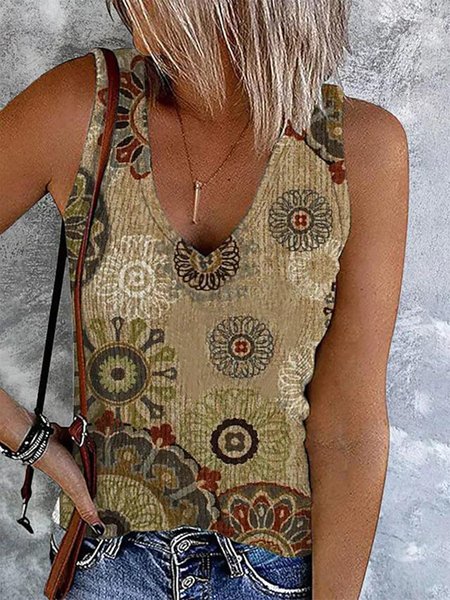 

Women V Neck Ethnic Tank Top, Brown, Tanks & Camis