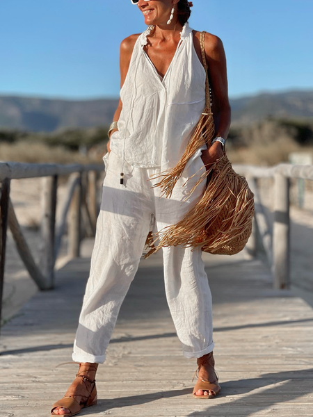 

Cotton And Linen Linen Loose V Neck Two-Piece Set, White, Tops