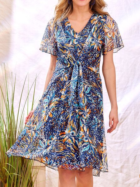 

Vacation V Neck Loose Floral Dress, Blue, Dresses