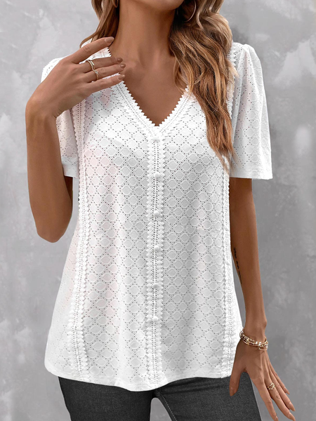 

Lace Buttoned Loose Casual T-Shirt, White, T-Shirts