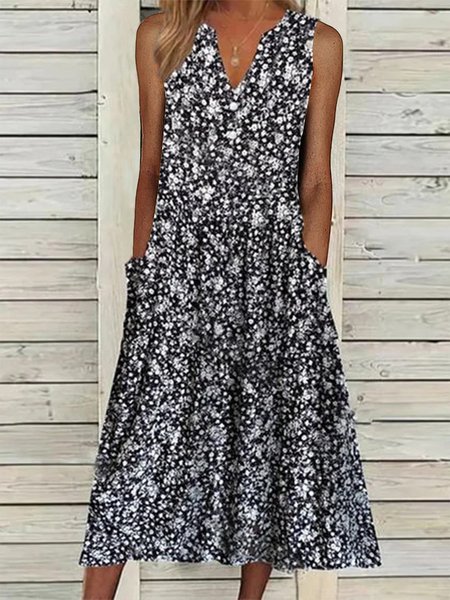 

Loose Casual Floral V Neck Dress, Black, Dresses