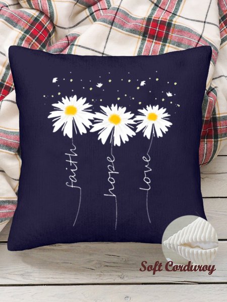 

18*18 Throw Pillow Covers, Faith Hope Casual Daisy Soft Corduroy Cushion Pillowcase Case For Living Room, Dark blue, Pillow Covers