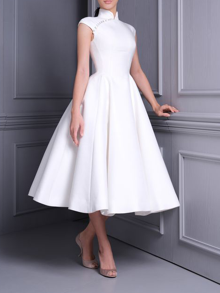 

Plain Stand Collar Elegant Regular Fit Party Dress, White, Cocktail Dresses