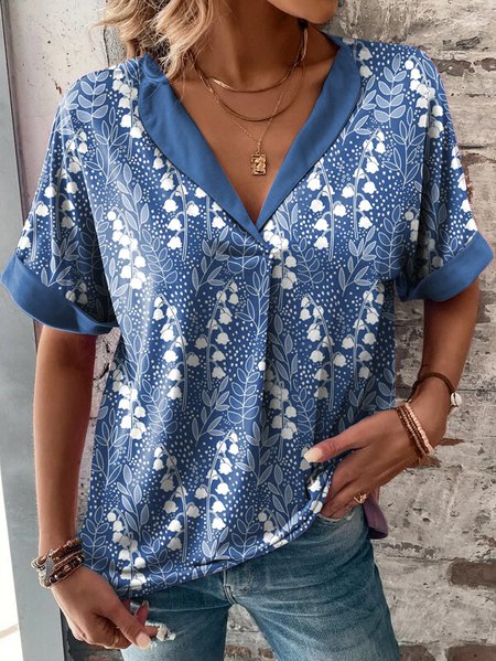 

Lapel Collar Floral Loose Casual Blouse, Blue, Shirts & Blouses
