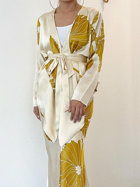

Floral V Neck Long sleeve Elegant Loose Mid-long Kimono, Yellow, Others