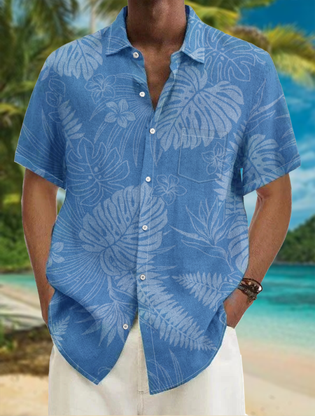 

Hawaiian Botanical Print Chest Pocket Short-Sleeve Casual Shirt, Blue, Men Shirts