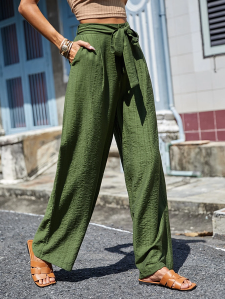 

Casual Linen Solid Belted Wide Leg Pants, Green, Pants