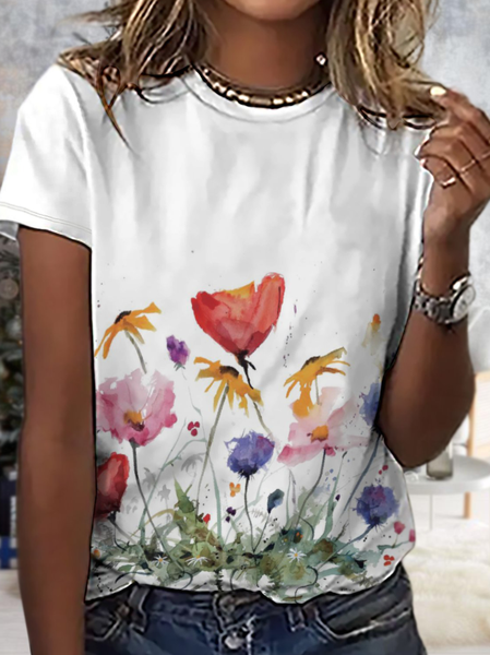 

Women‘s Simple Floral Loose T-Shirt, White, T-shirts