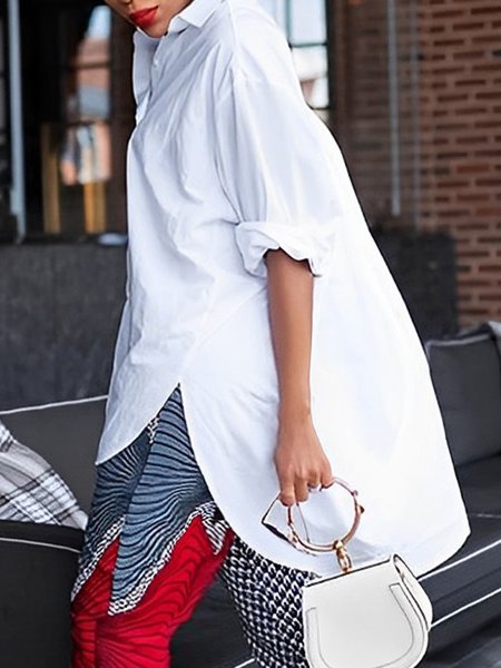 

Plain Shirt Collar Loose Casual Blouse, White, Blouses and Shirts
