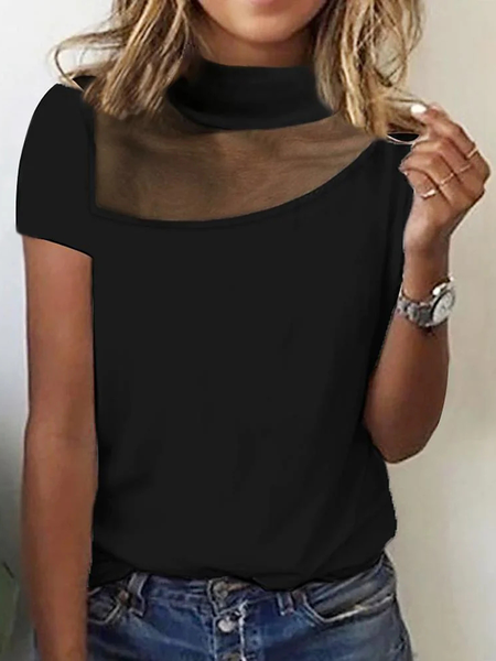 

Turtleneck Plain Lace Casual T-Shirt, Black, T-Shirts