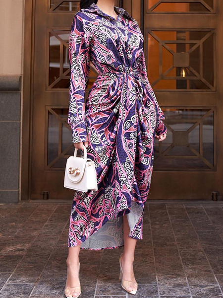 

Shirt Collar Elegant Regular Fit Long sleeve Long Dress, Purple, Maxi Dresses