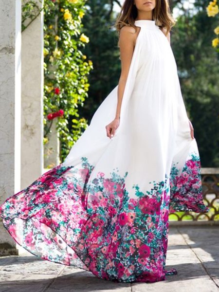 

Vacation Loose Sleeveless Halter Floral Long Dress, White, Maxi Dresses