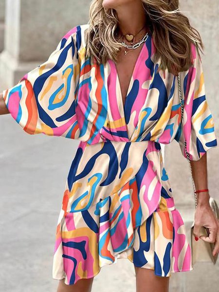 

Vacation V Neck Abstract Half Sleeve Dress, Multicolor, Mini Dresses