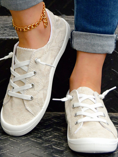 

Floral Graphic-Print Lace-Up Canvas Flats, As picture, Sneakers