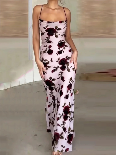 

Regular Fit Spaghetti Sleeveless Elegant Floral Long Dress, Pink, Maxi Dresses