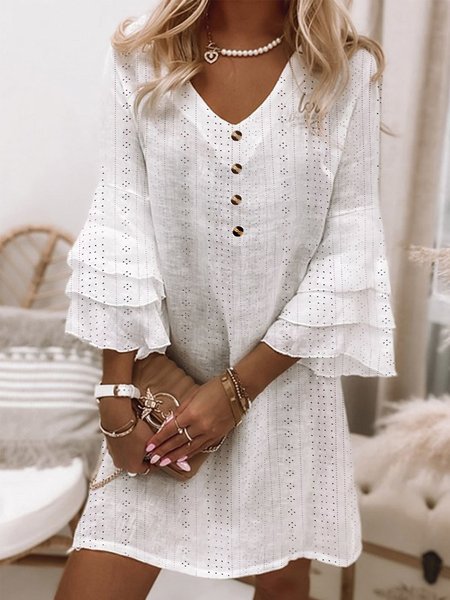Cotton Loose Elegant Plain Dress, White, Dresses