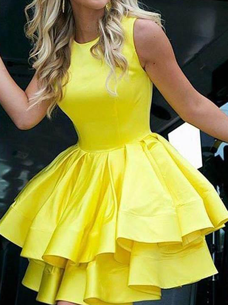 

Plain Elegant Sleeveless Crew Neck Regular Fit Skirt Dress, Yellow, Mini Dresses