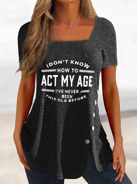 

Square Neck Casual Text Letters T-Shirt, Black-grey, T-Shirts