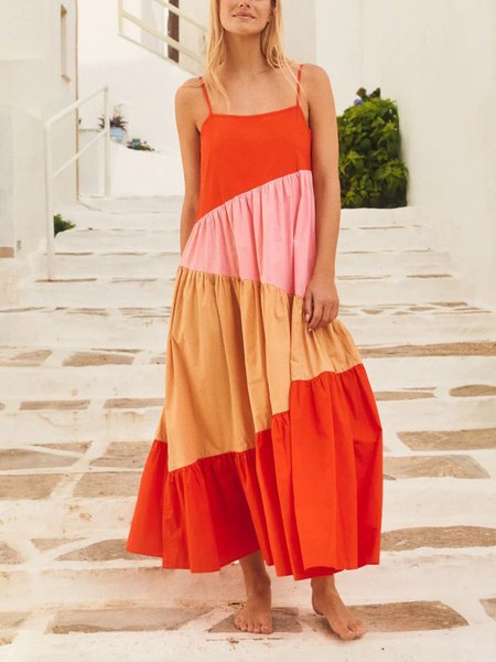 

Vacation Color Block Spaghetti Dress, As picture, Maxi Dresses