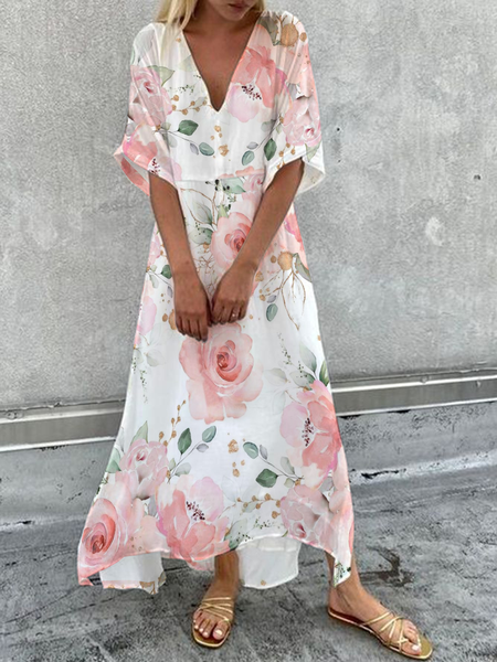 

Floral Loose Vacation V Neck Dress, Pink, Dresses