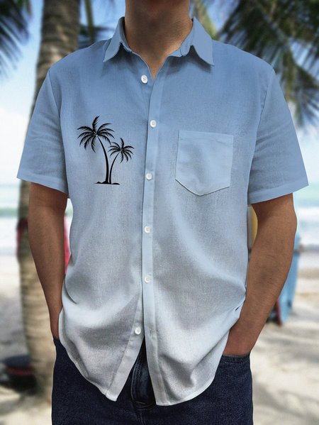 

Coconut Tree Gradient Chest Pocket Short Sleeve Resort Shirt, Blue, Men Shirts