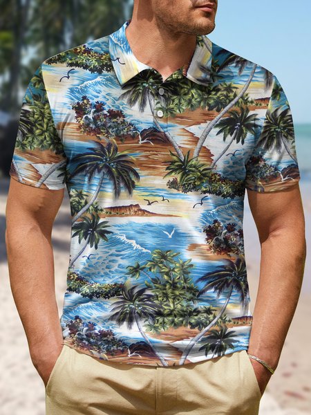 

Men's Hawaiian Sunset Tropical Coconut Tree Art Print Striped Regular Fit Elegant Polo Shirt, As picture, T-shirts