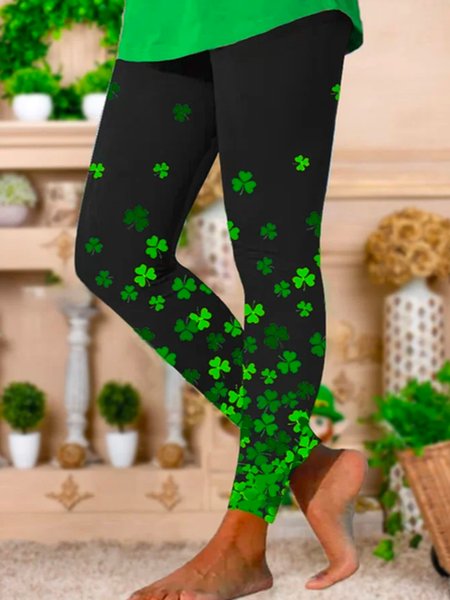 

Tight Four-Leaf Clover Casual Leggings, Black, Leggings