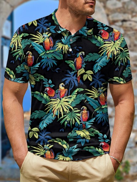 

Men's Hawaiian Day Coconut Leaf Parrot Tropical Turtle Back Leaf Art Print Hawaii Coconut Tree Polo Collar Polo Shirt, As picture, T-shirts