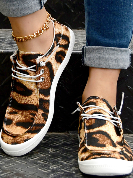 

Tiger Striped Graphic-Print Lace-Up Canvas Flats, As picture, Sneakers