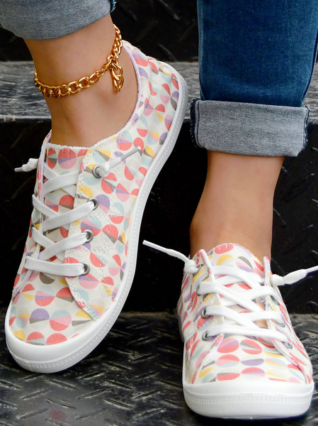 

Polka Dots Graphic-Print Lace-Up Canvas Flats, As picture, Sneakers