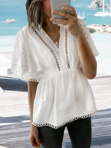 

Linen V Neck Cotton And Linen Plain Shirt, White, Tunics
